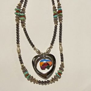 Native Turquoise Zuni Fetish Bear Pendant Necklace Sterling Bead Hematite Heart